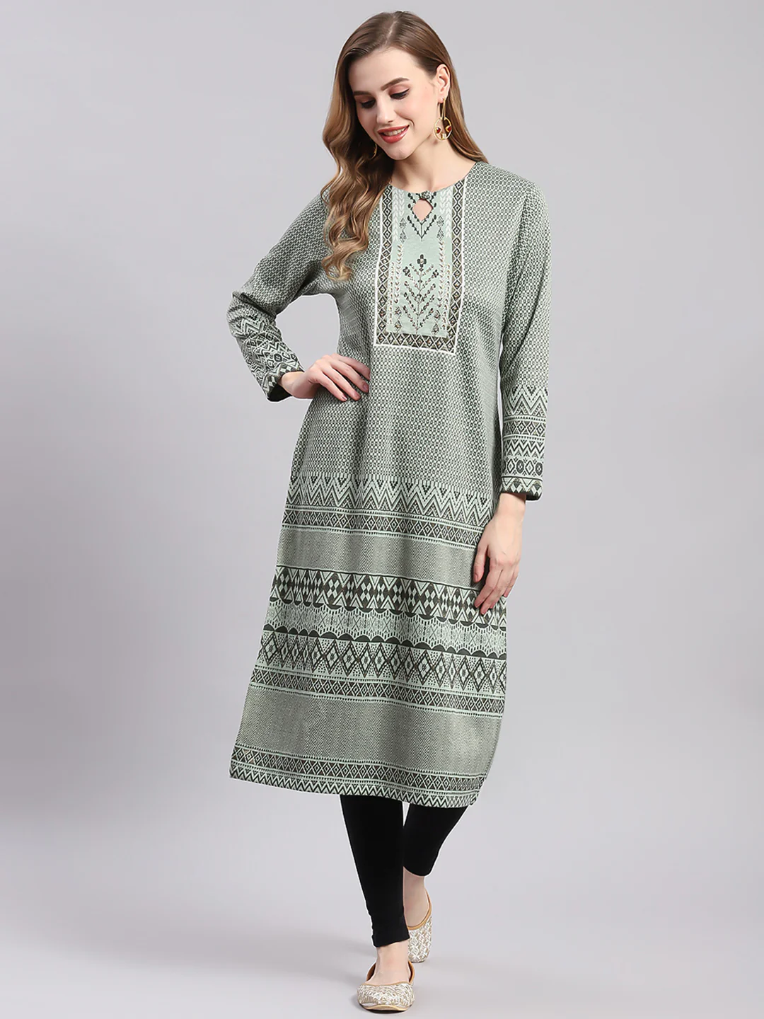 Women Green Printed Round Neck Full Sleeve Kurtis - Image 3