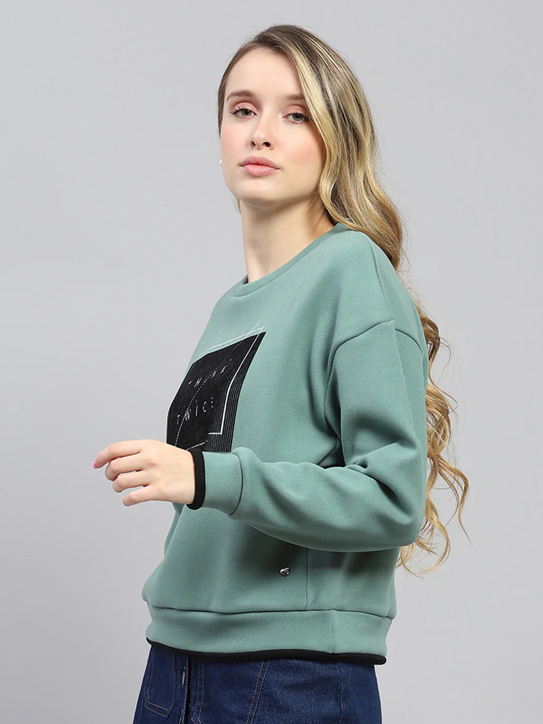 Women Green Printed Round Neck Full Sleeve Sweatshirt - Image 3