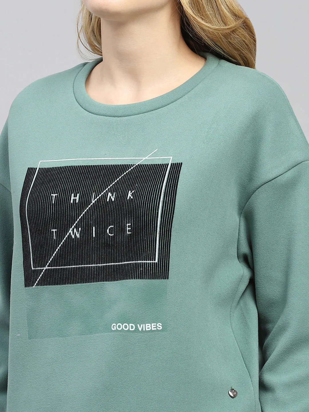 Women Green Printed Round Neck Full Sleeve Sweatshirt - Image 7