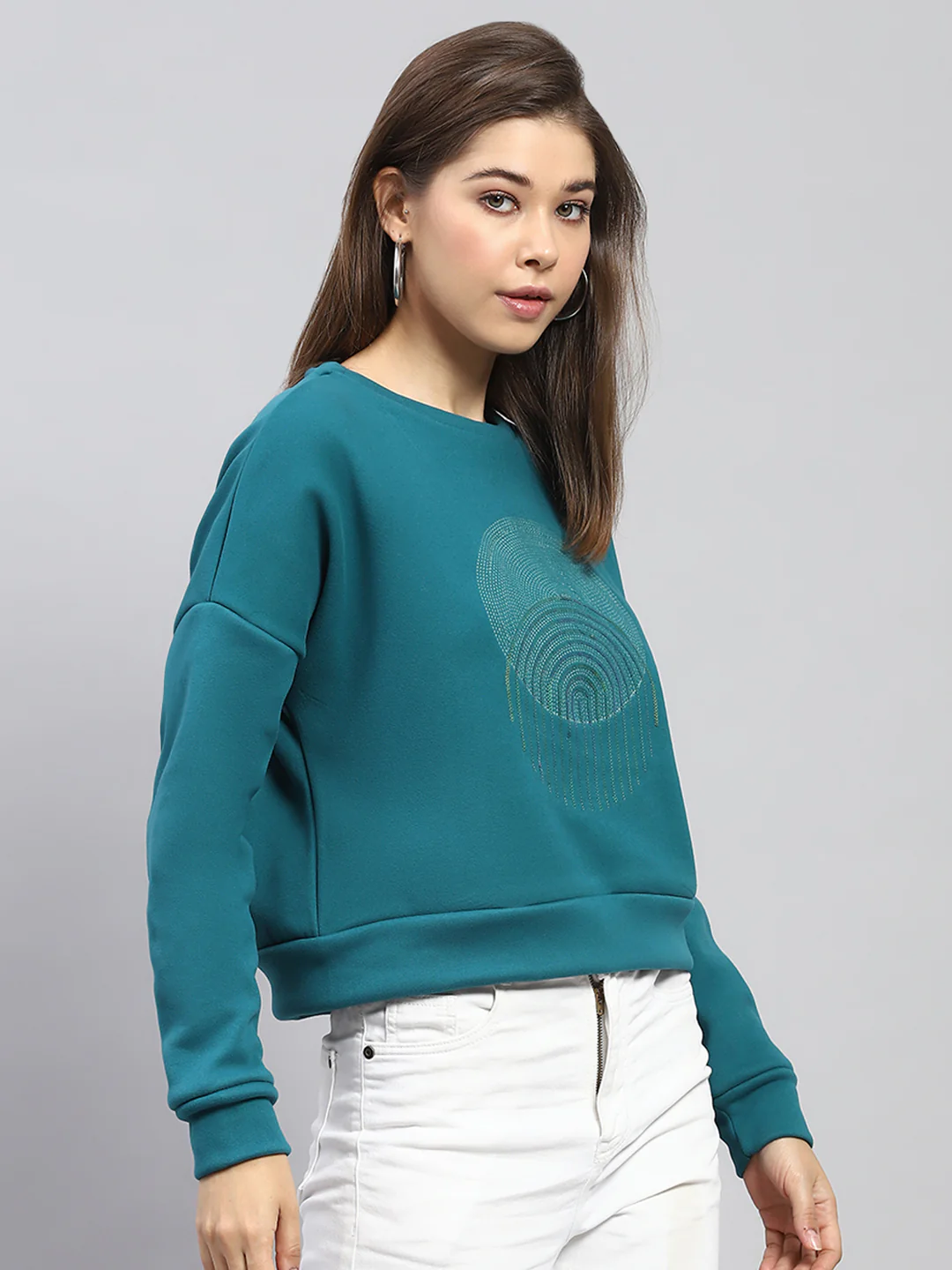 Women Green Printed Round Neck Full Sleeve Sweatshirt - Image 4