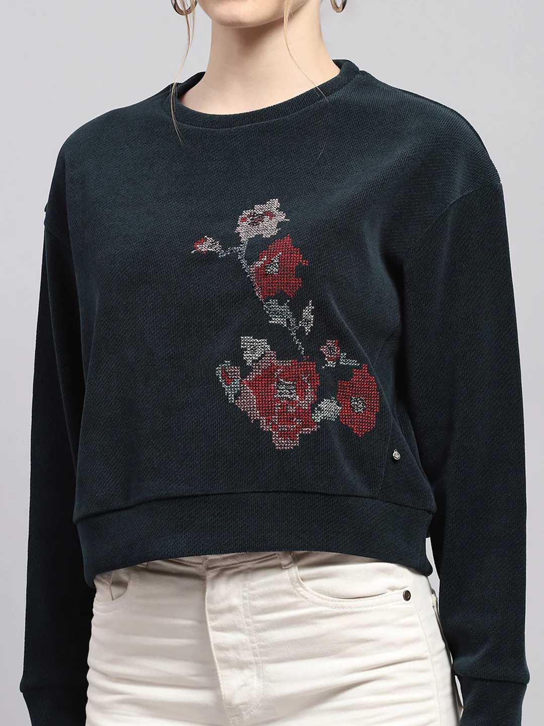 Women Green Printed Round Neck Full Sleeve Sweatshirt - Image 7