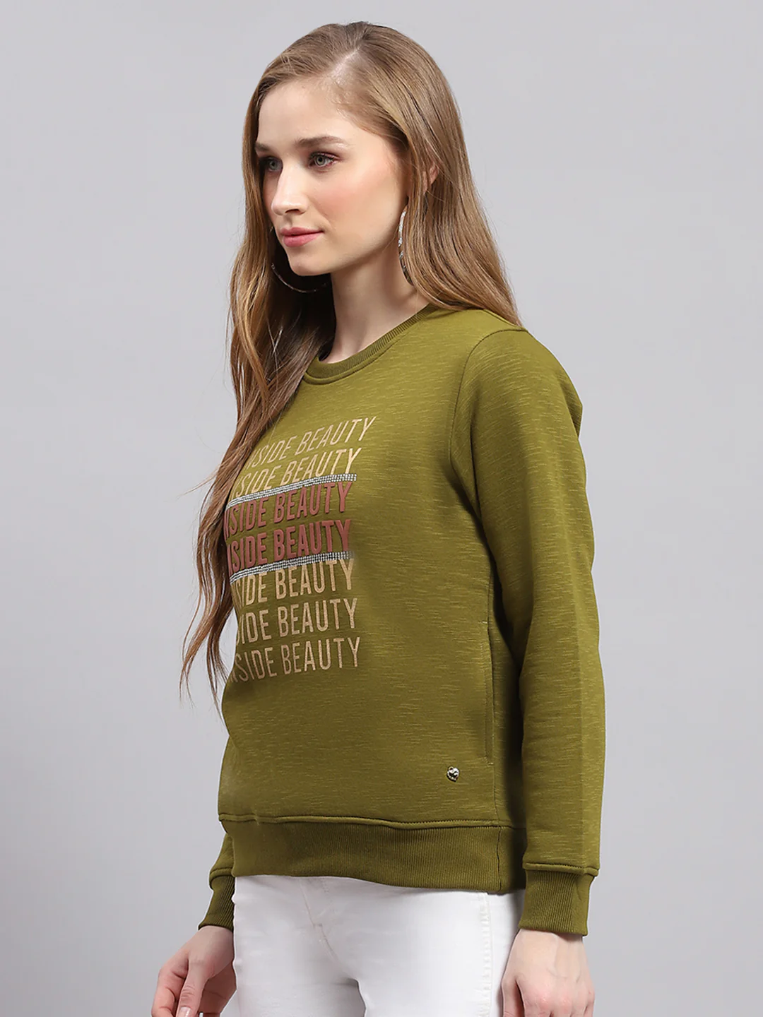 Women Green Printed Round Neck Full Sleeve Sweatshirt - Image 3