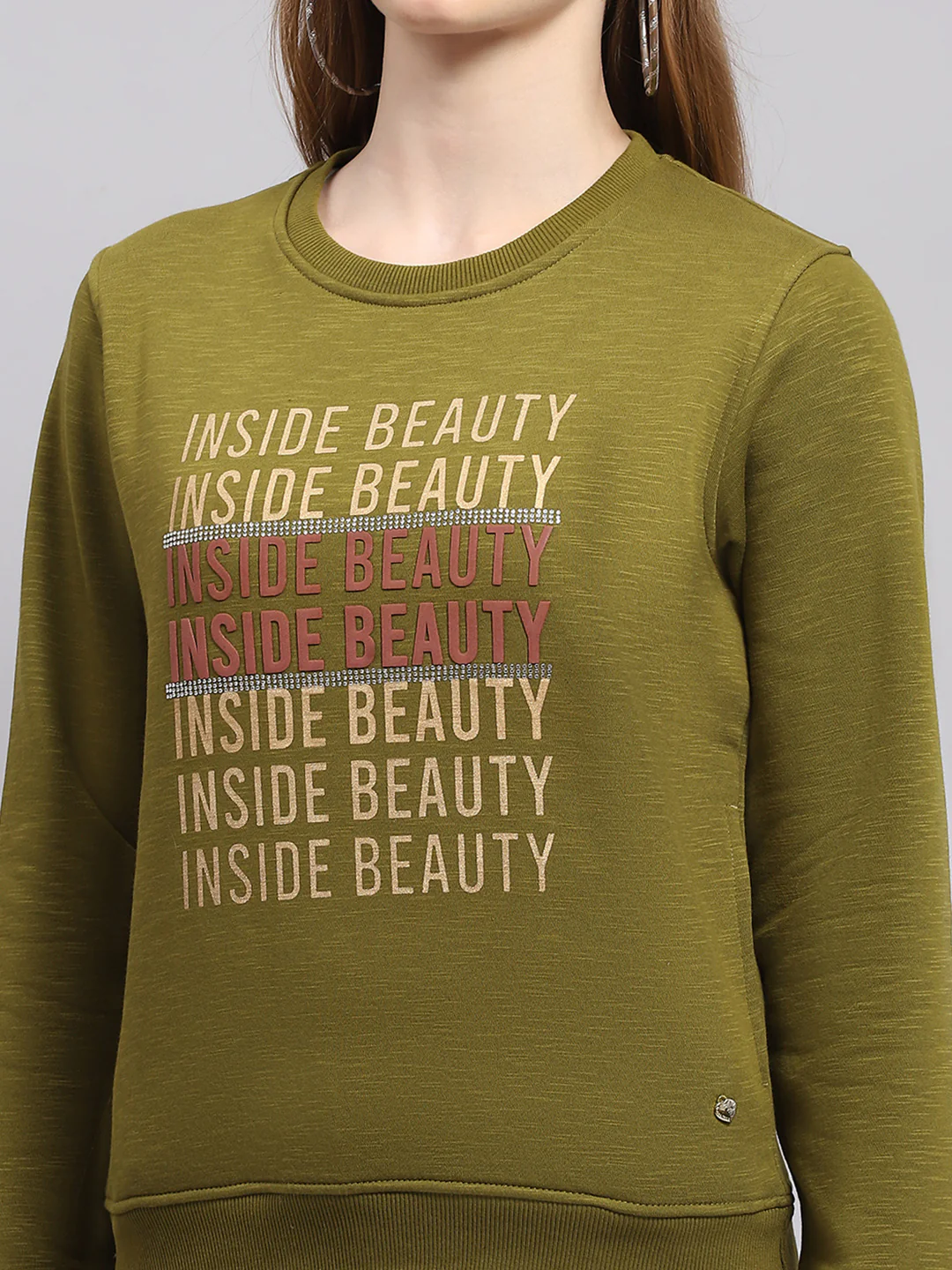 Women Green Printed Round Neck Full Sleeve Sweatshirt - Image 6