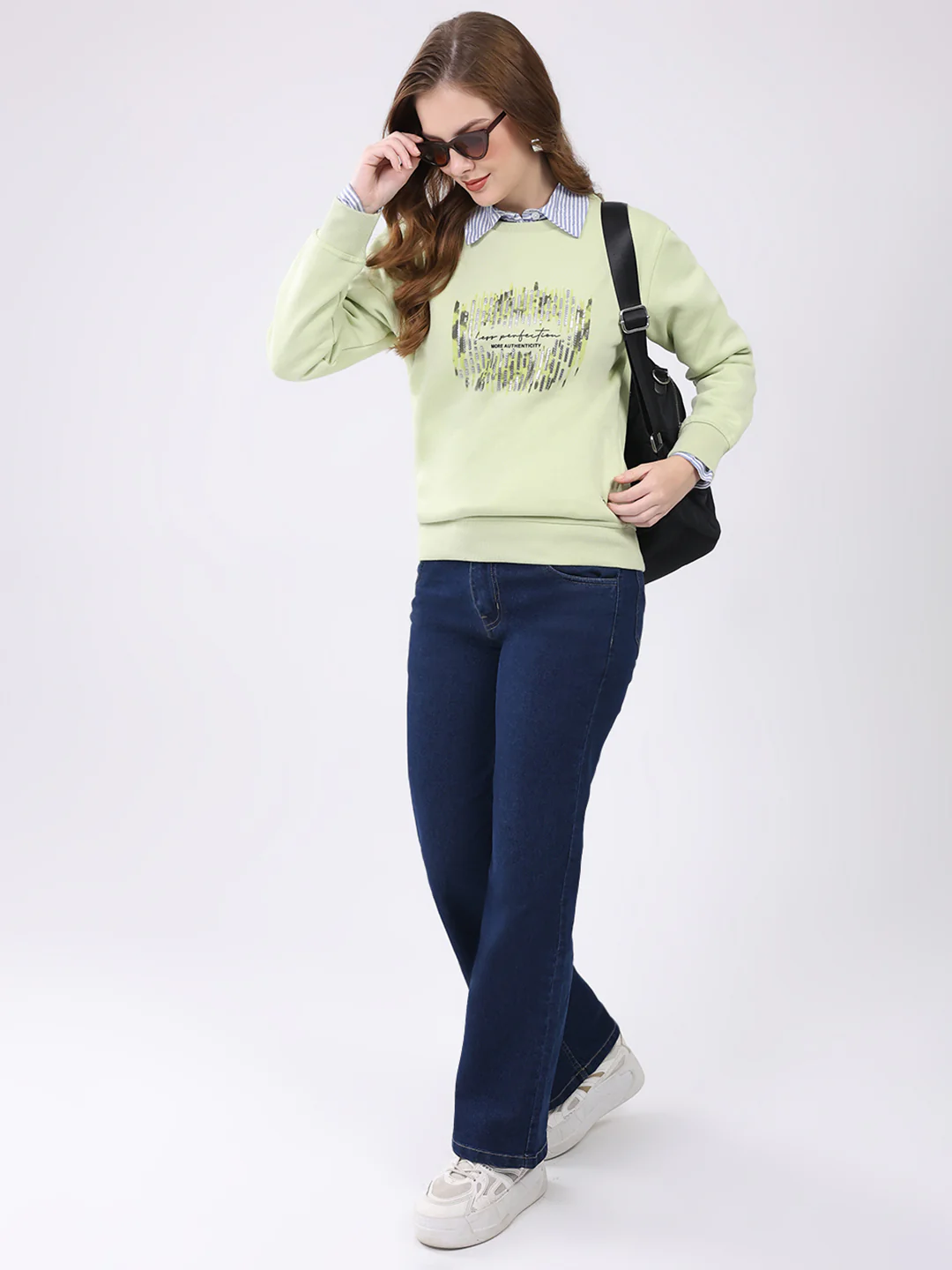 Women Green Printed Round Neck Full Sleeve Sweatshirt - Image 2