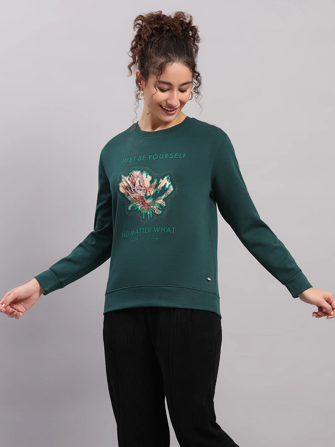 Women Green Printed Round Neck Full Sleeve Sweatshirt - Image 3