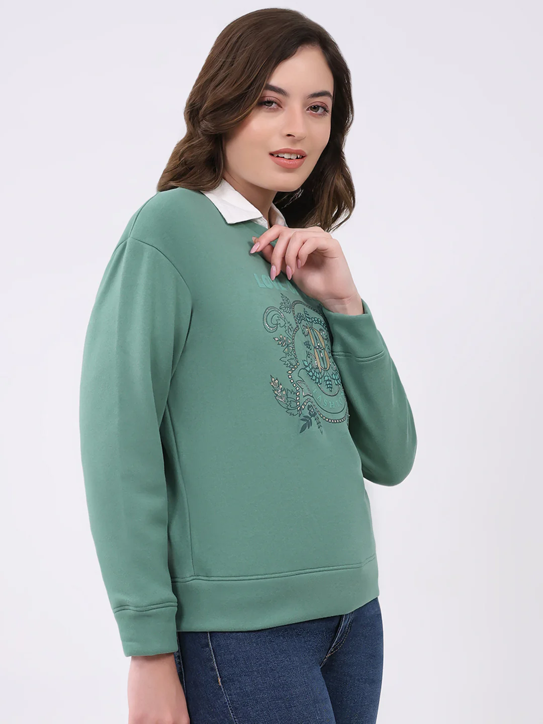 Women Green Printed Round Neck Full Sleeve Sweatshirt - Image 4