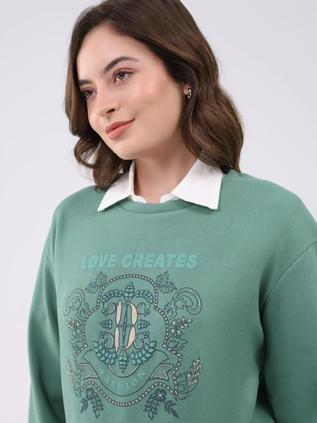Women Green Printed Round Neck Full Sleeve Sweatshirt - Image 7