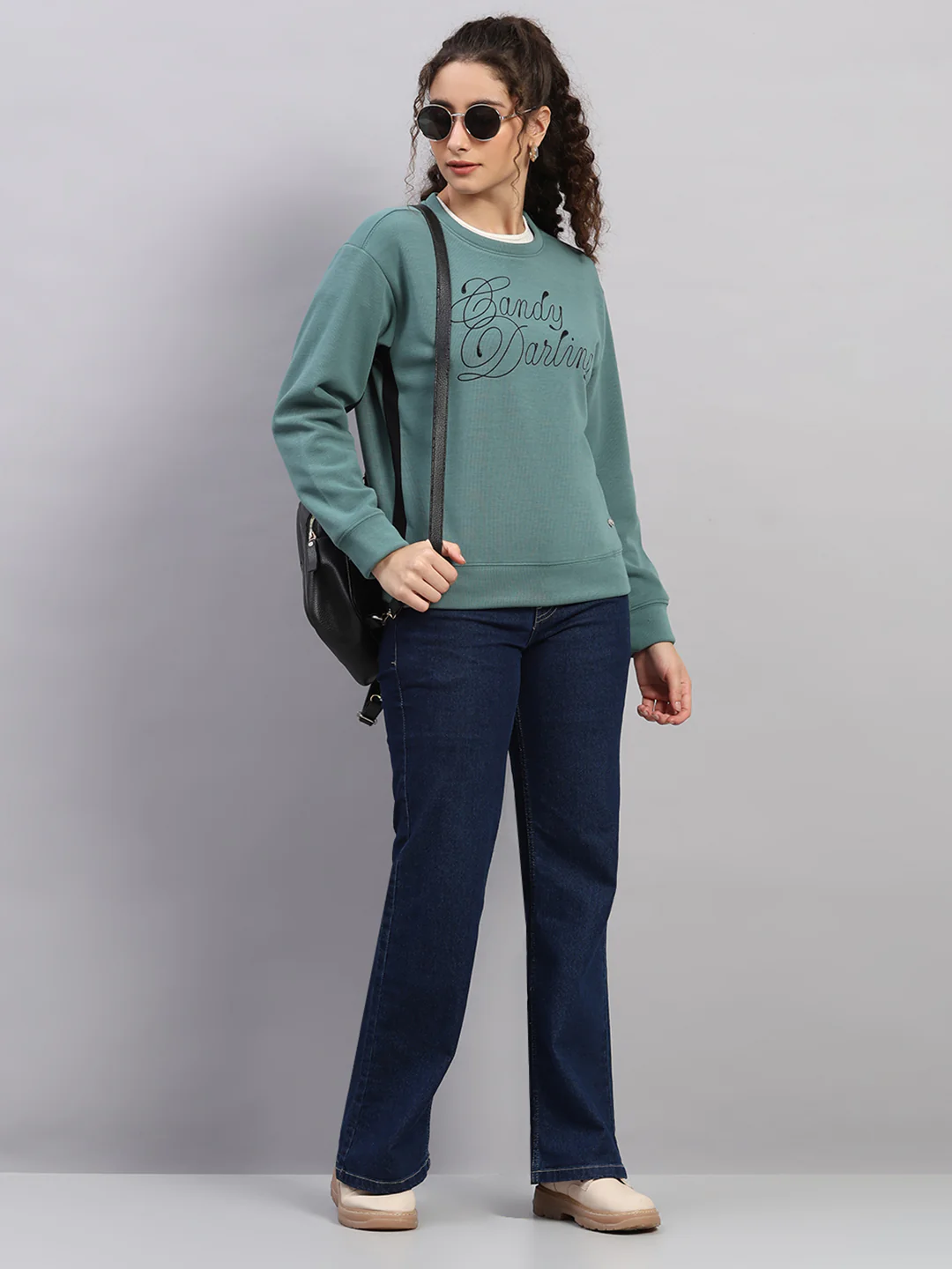 Women Green Printed Round Neck Full Sleeve Sweatshirt - Image 2