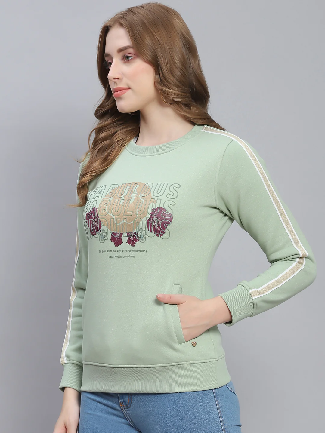 Women Green Printed Round Neck Full Sleeve Sweatshirts - Image 3