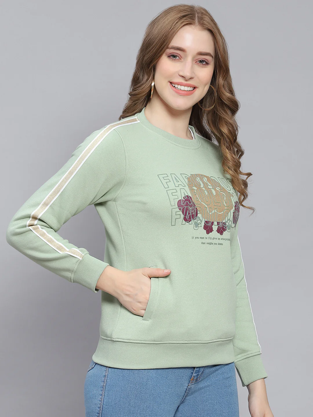 Women Green Printed Round Neck Full Sleeve Sweatshirts - Image 4