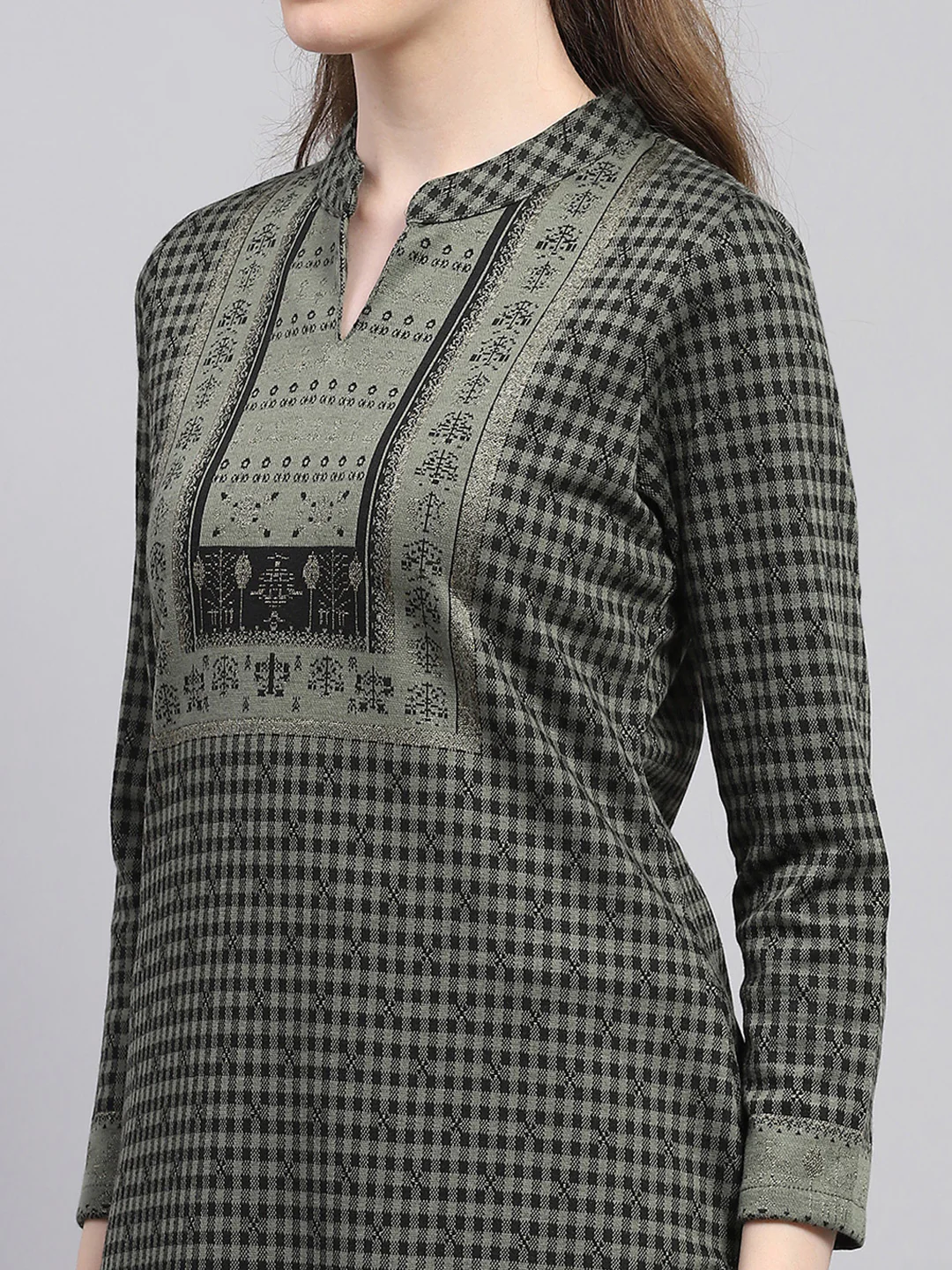 Women Green Printed Round Neck Full Sleeve Winter Kurti - Image 6
