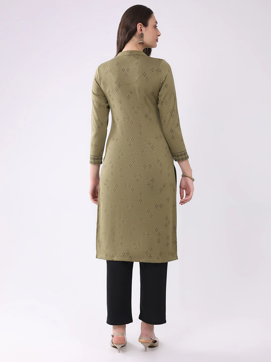 Women Green Printed Round Neck Full Sleeve Winter Kurti - Image 5