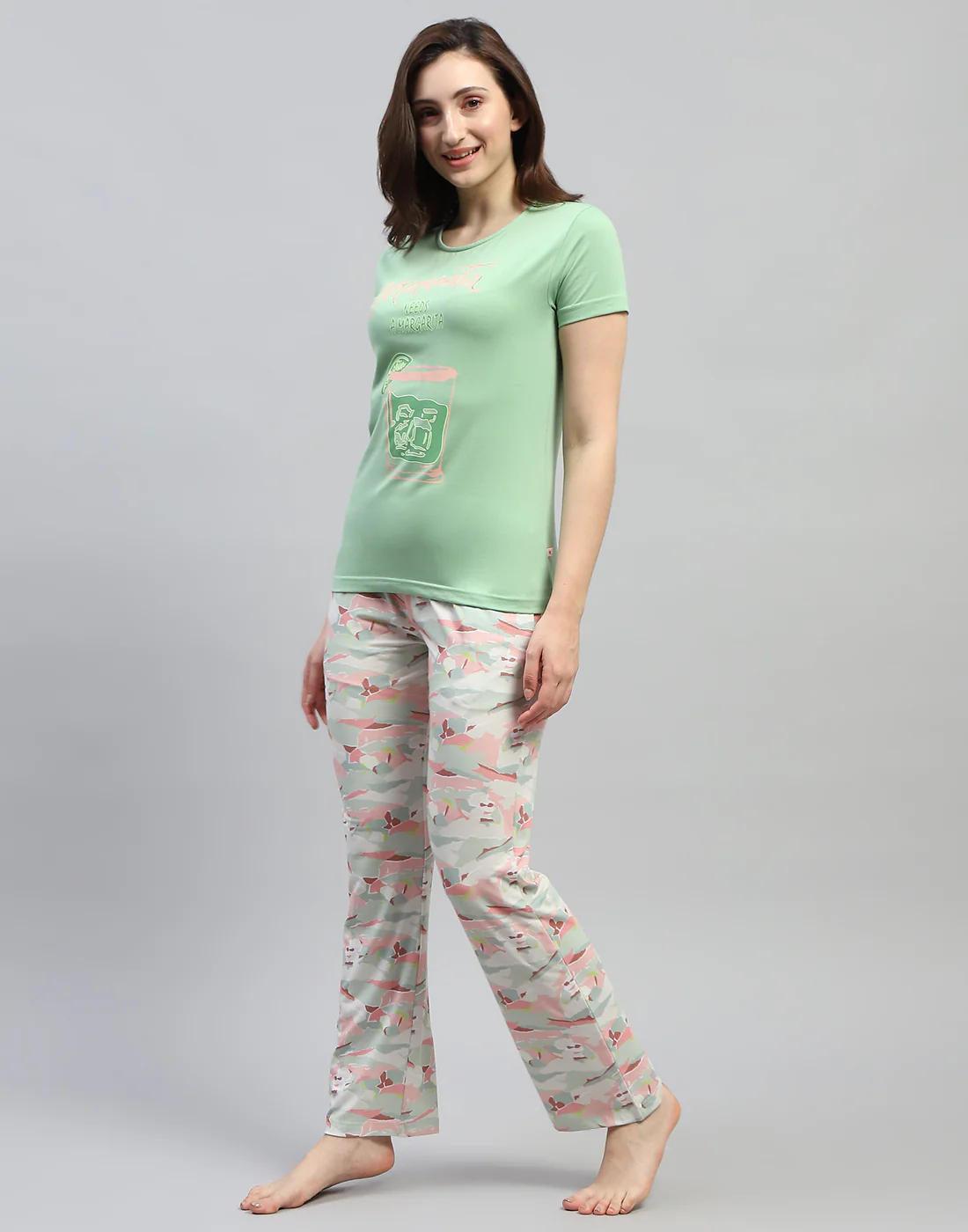 Women Green Printed Round Neck Half Sleeve Lower Set - Image 3