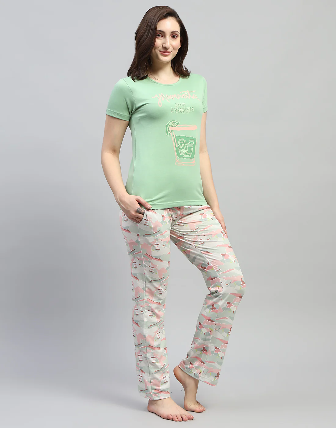 Women Green Printed Round Neck Half Sleeve Lower Set - Image 4