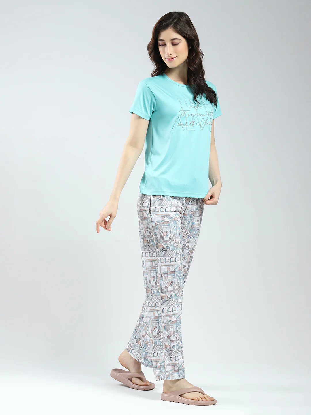 Women Green Printed Round Neck Half Sleeve Lower Set - Image 5