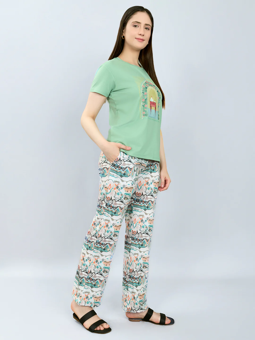 Women Green Printed Round Neck Half Sleeve Lower Set - Image 3