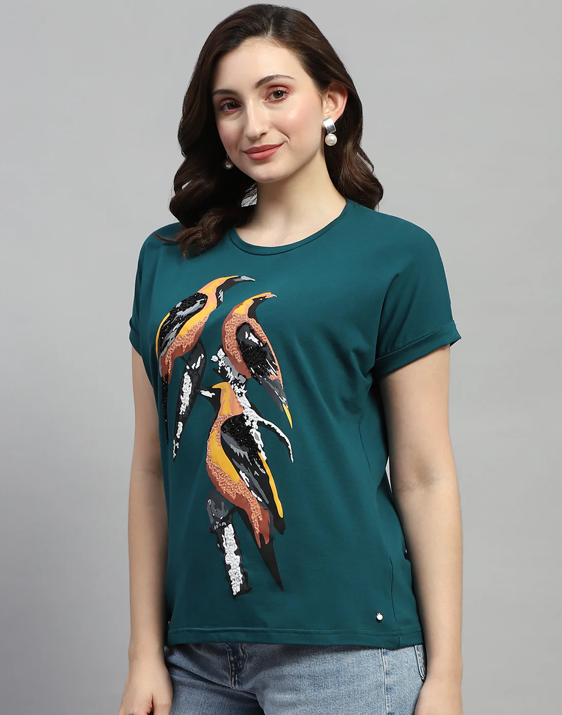 Women Green Printed Round Neck Half Sleeve Top - Image 3