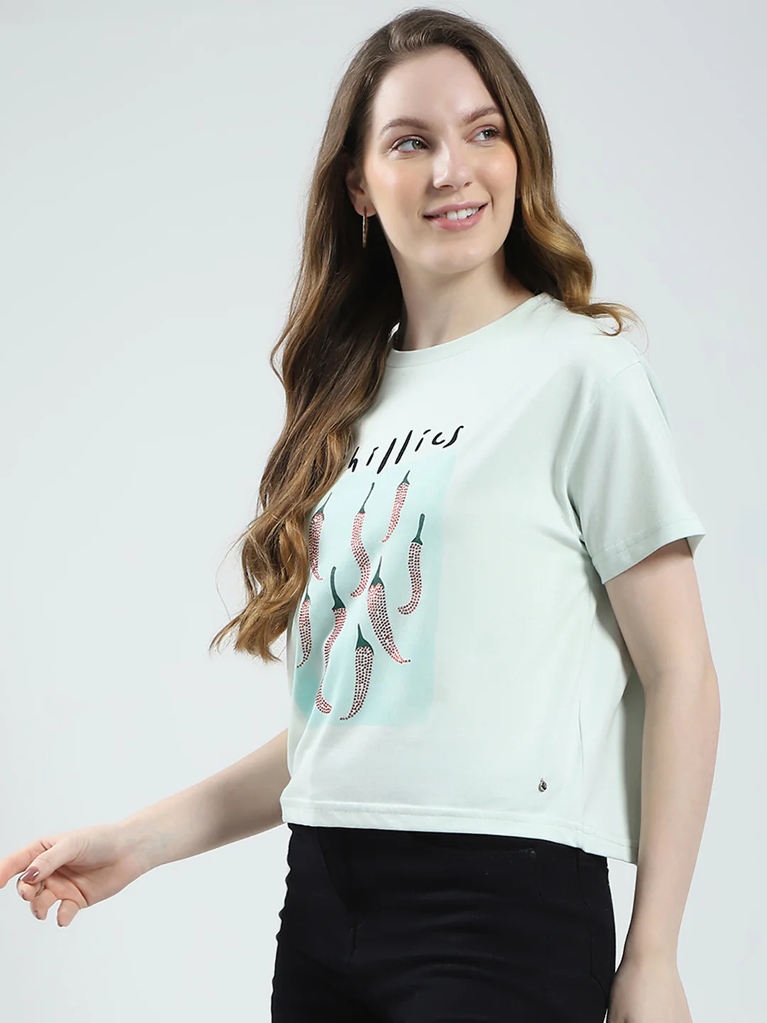 Women Green Printed Round Neck Half Sleeve Top - Image 3