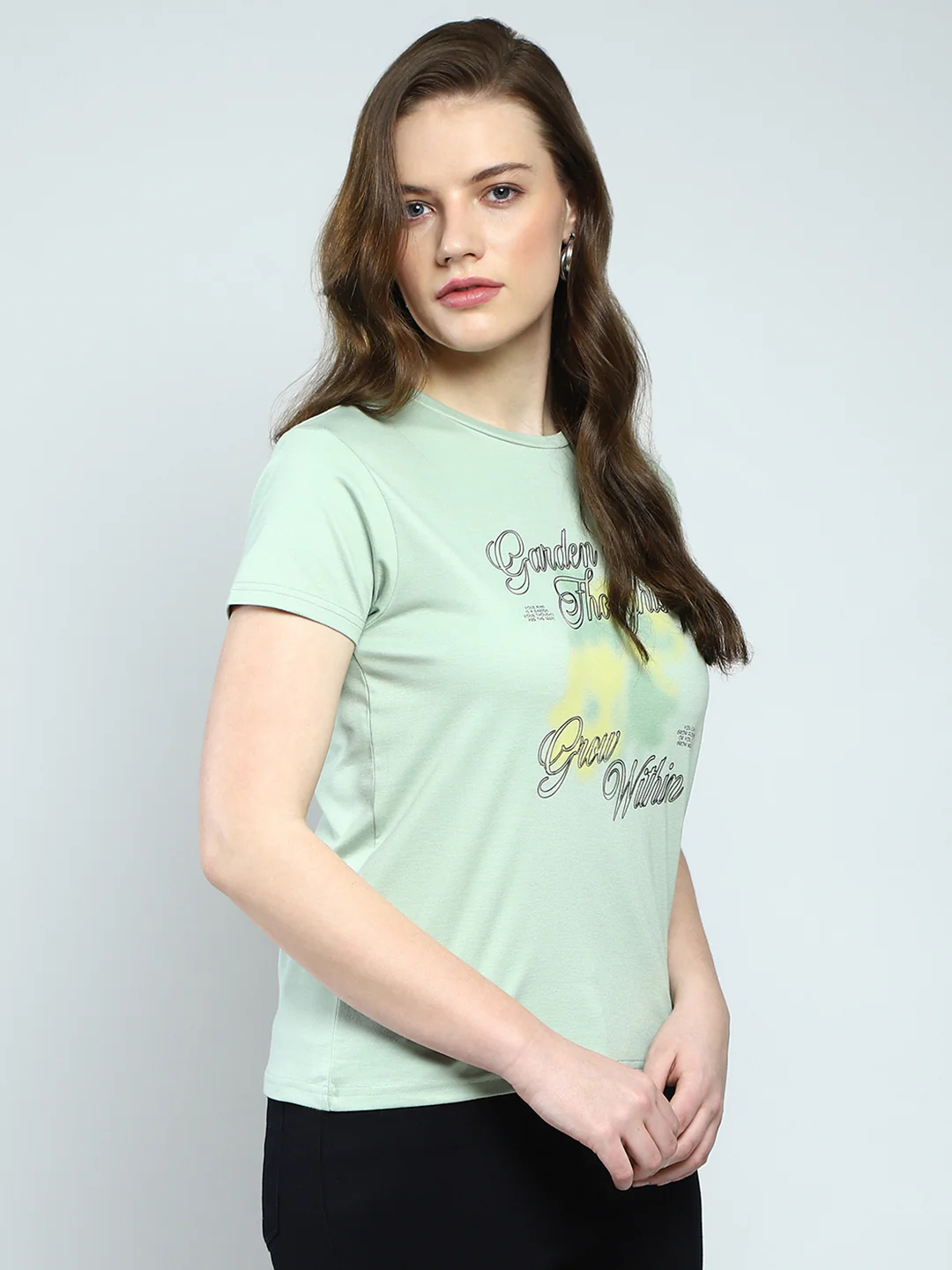 Women Green Printed Round Neck Half Sleeve Top - Image 4