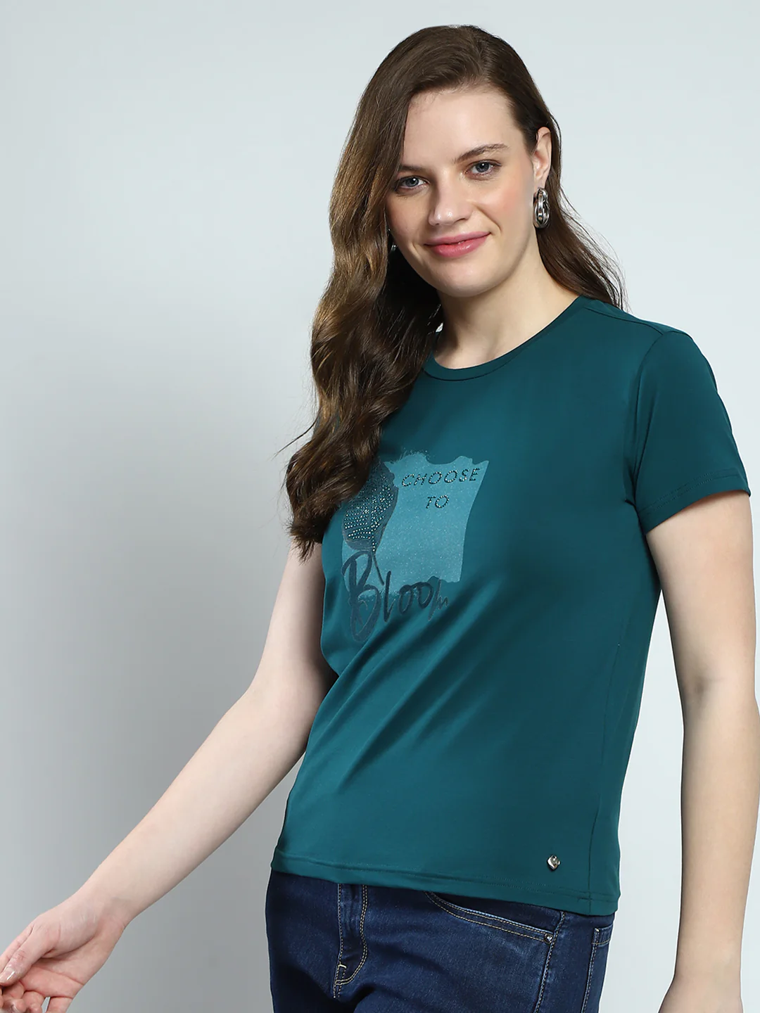 Women Green Printed Round Neck Half Sleeve Top - Image 3