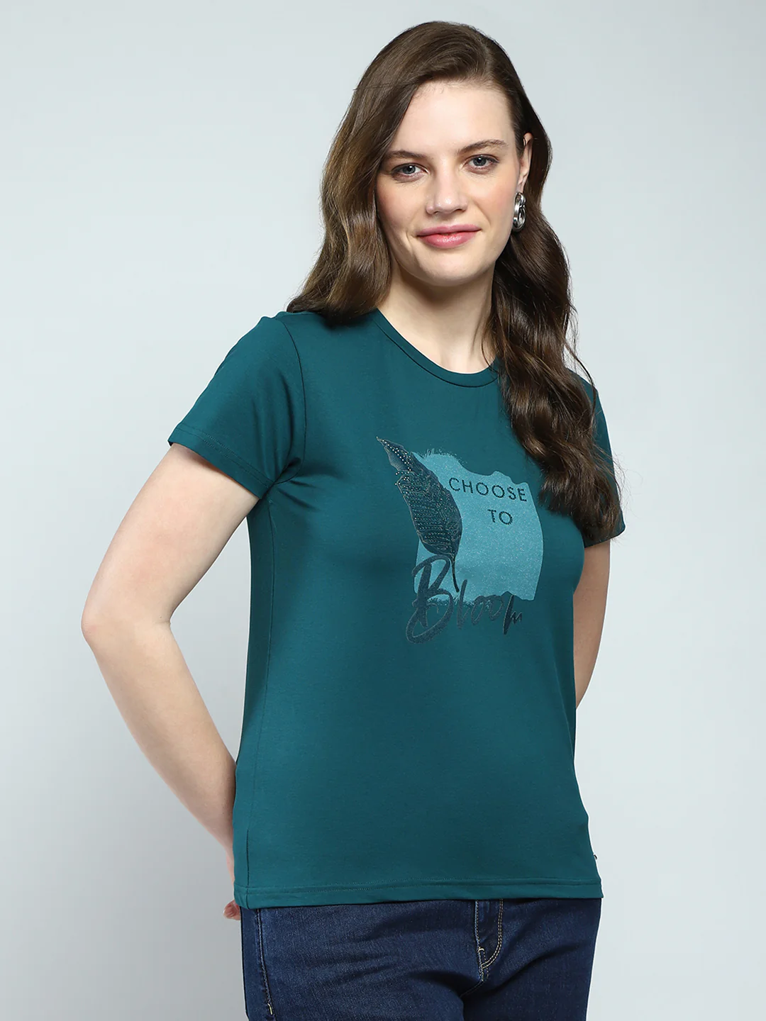 Women Green Printed Round Neck Half Sleeve Top - Image 4