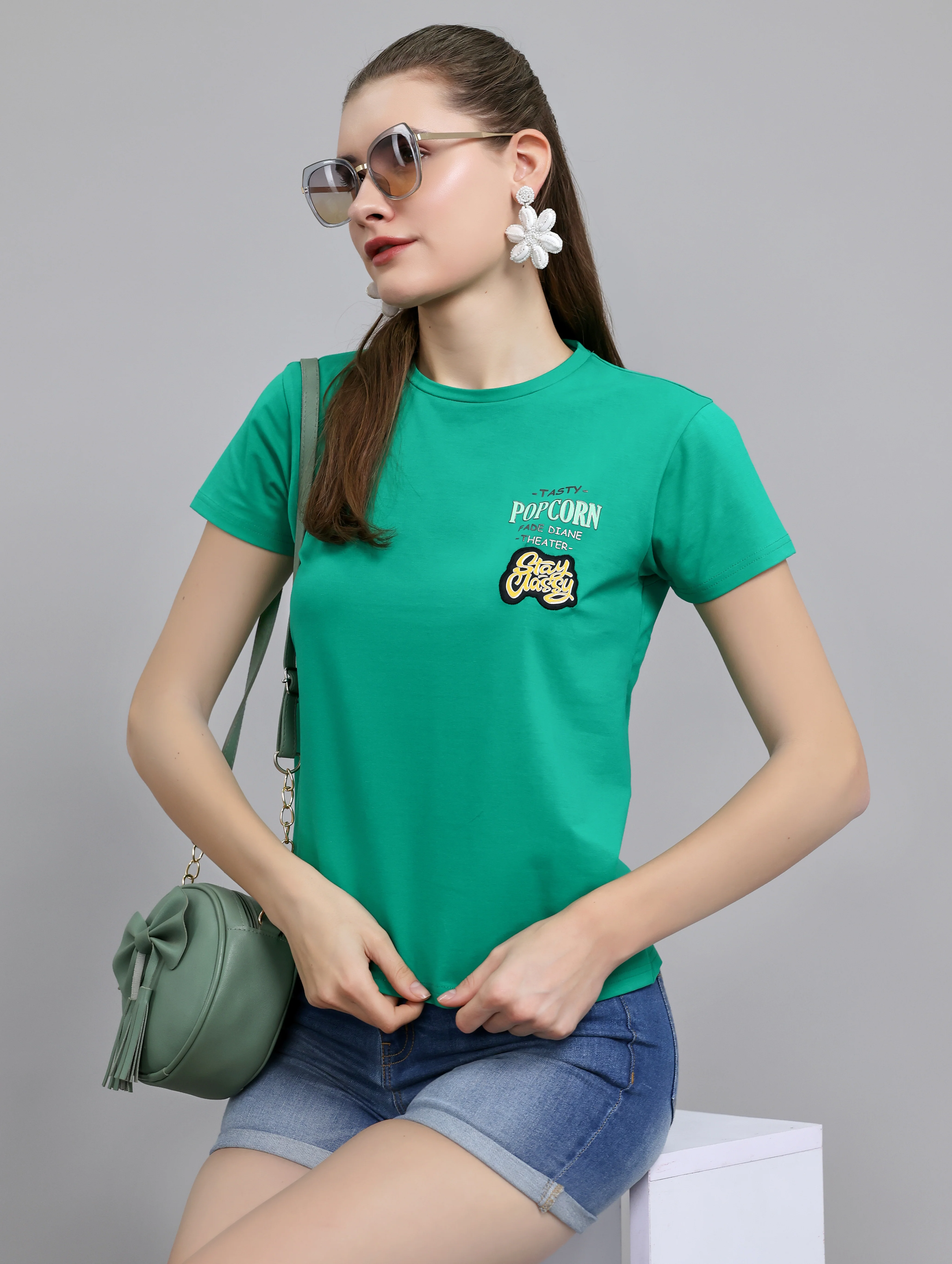 Women Green Printed Round Neck Half Sleeve Top - Image 4