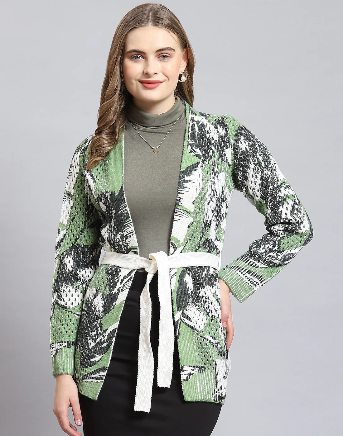 Women Green Printed V Neck Full Sleeve Cardigan - Image 3