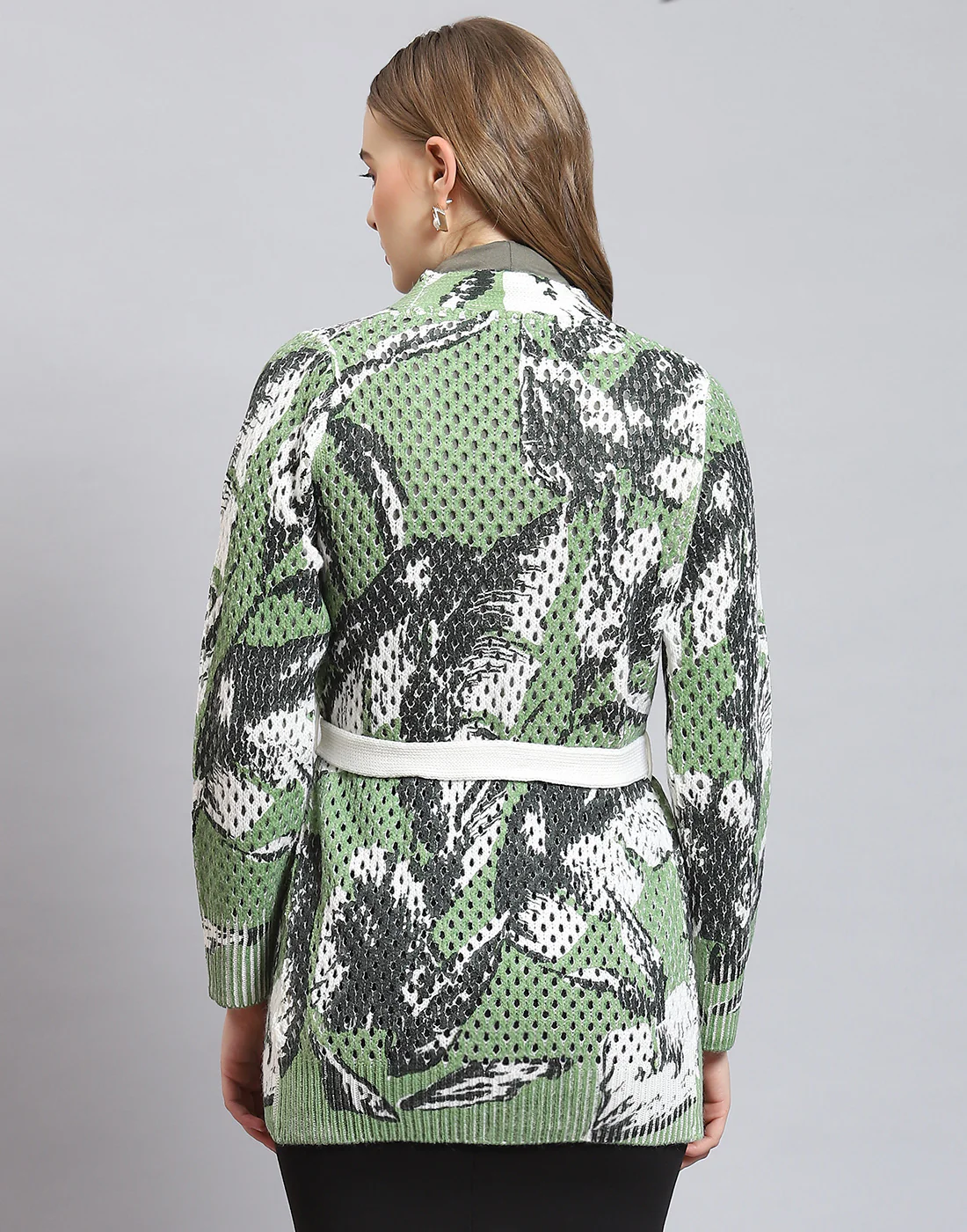 Women Green Printed V Neck Full Sleeve Cardigan - Image 6