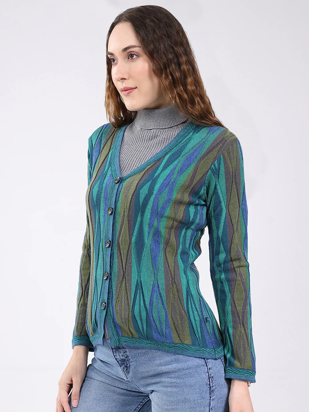 Women Green Printed V Neck Full Sleeve Cardigan - Image 3