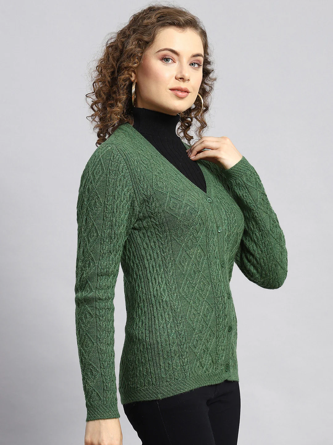 Women Green Self Cardigan - Image 3