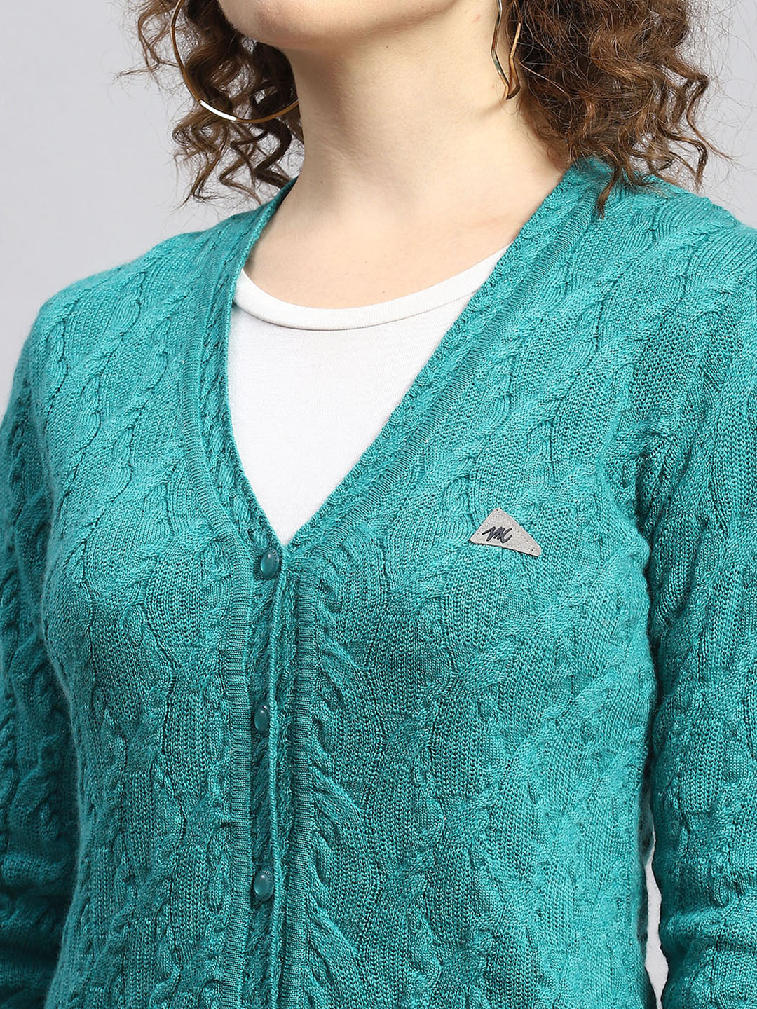 Women Green Self Cardigan - Image 6