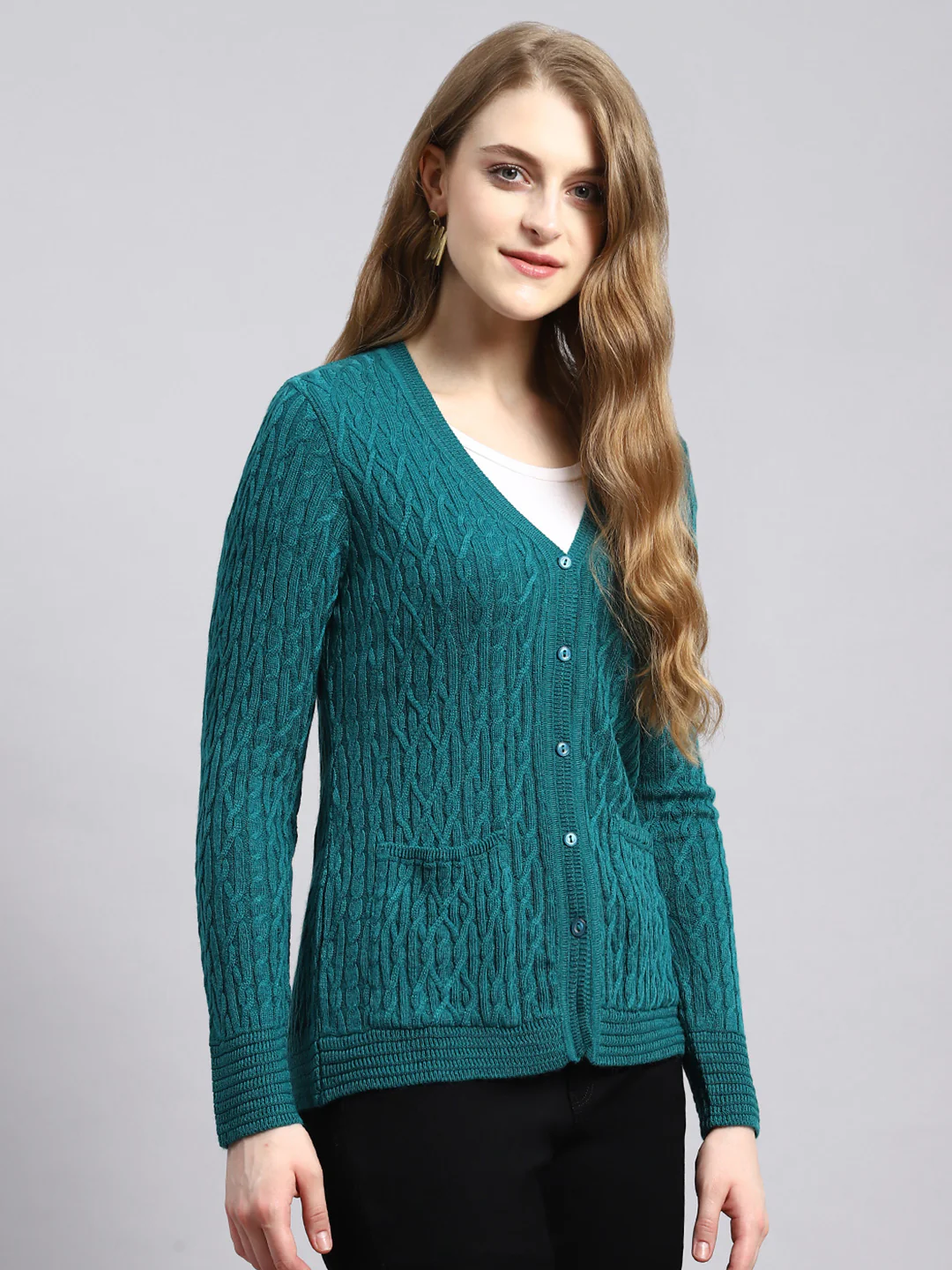 Women Green Self Cardigan - Image 2