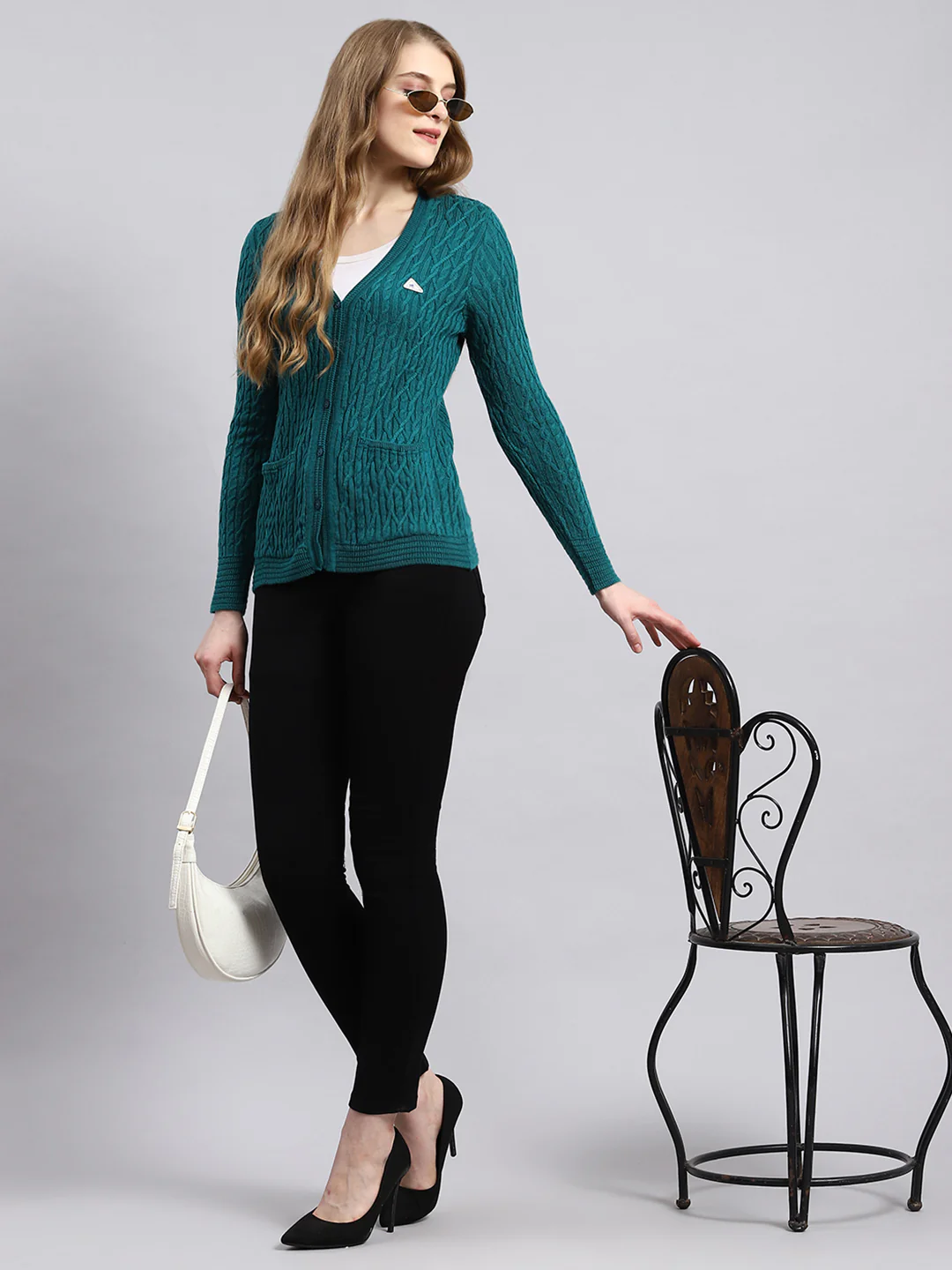 Women Green Self Cardigan - Image 5