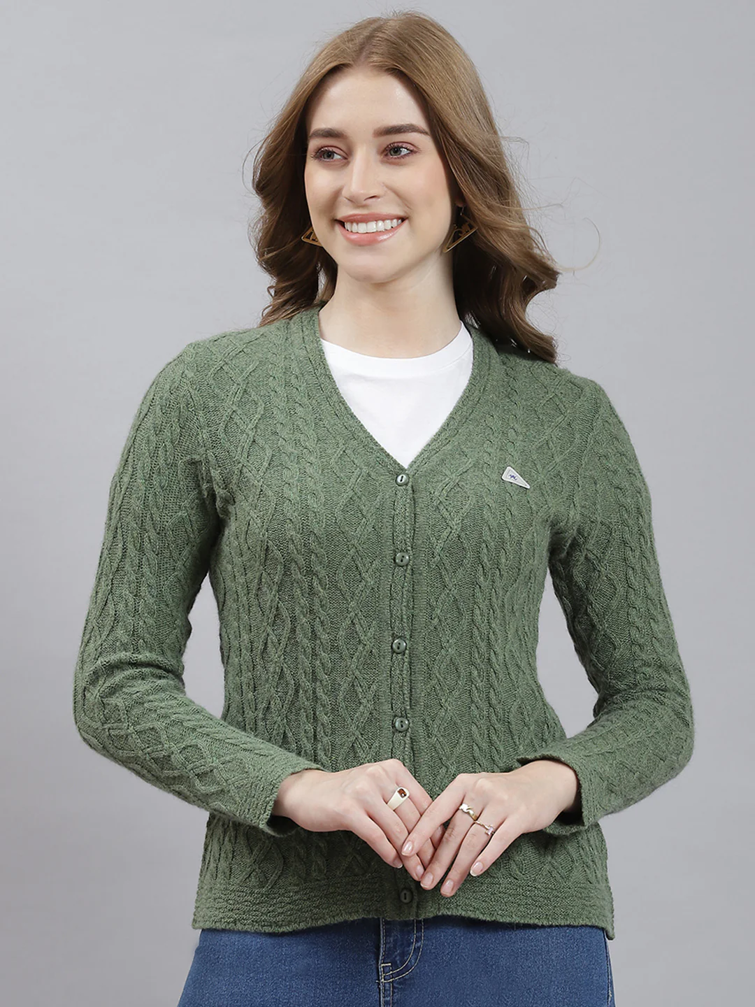 Women Green Self Cardigan - Image 2