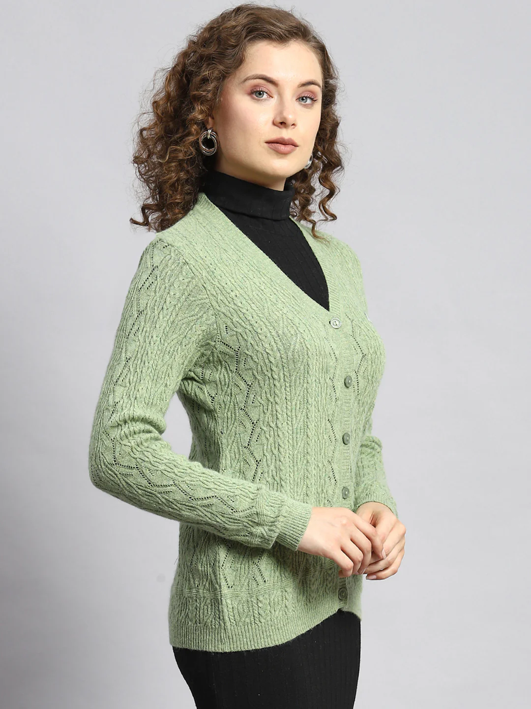Women Green Self Cardigan - Image 3