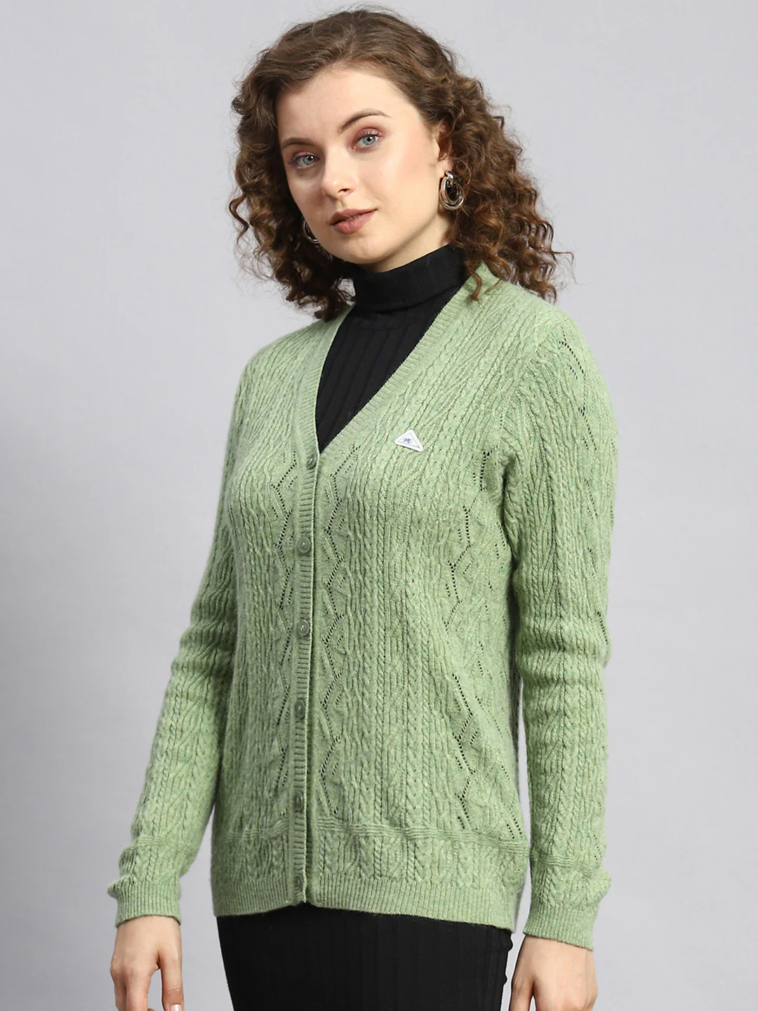 Women Green Self Cardigan - Image 4
