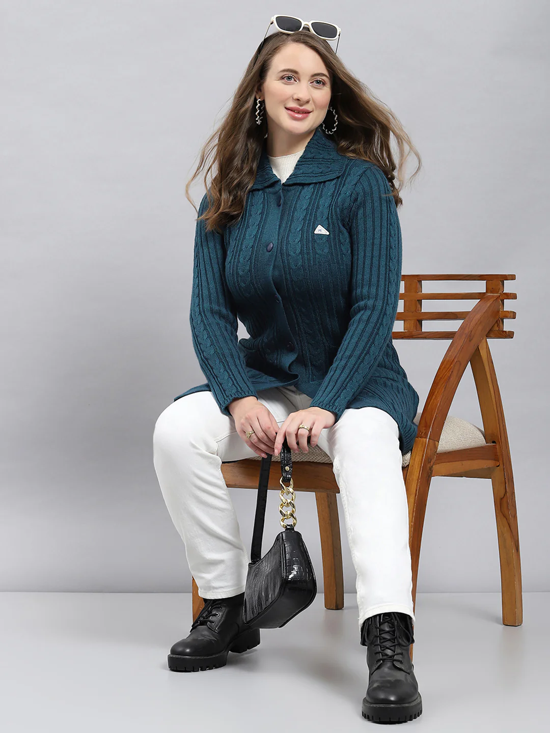 Women Green Self Design Collar Full Sleeve Cardigan - Image 2