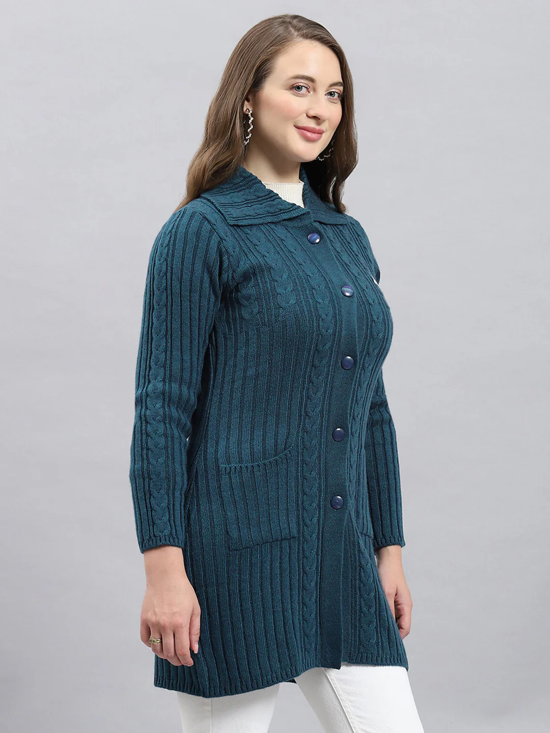 Women Green Self Design Collar Full Sleeve Cardigan - Image 4