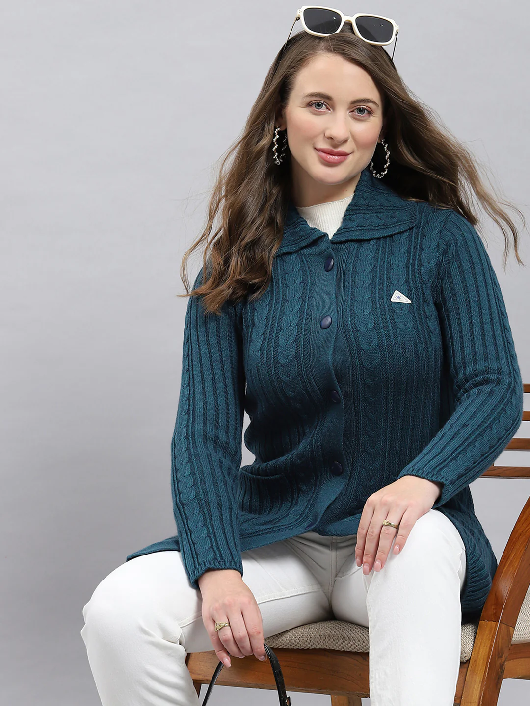 Women Green Self Design Collar Full Sleeve Cardigan - Image 6
