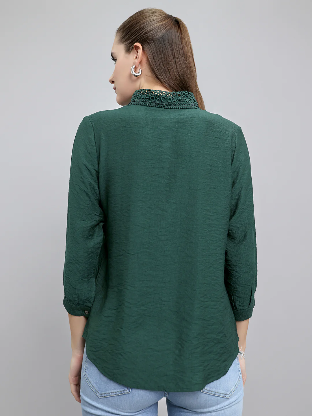Women Green Self Design Collar Full Sleeve Top - Image 4