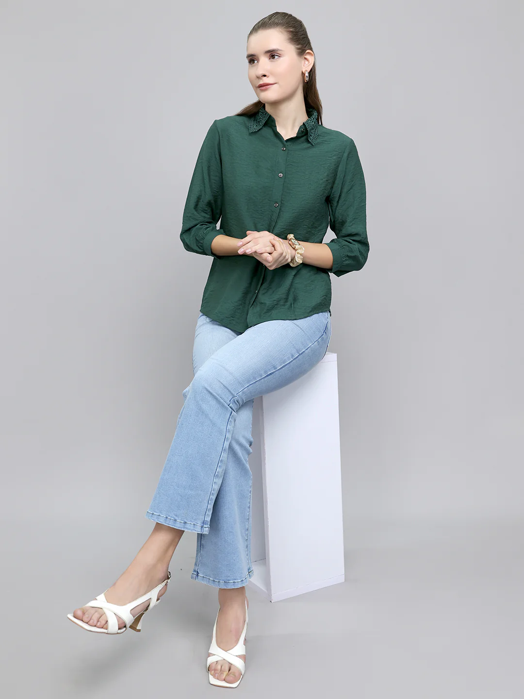 Women Green Self Design Collar Full Sleeve Top - Image 6