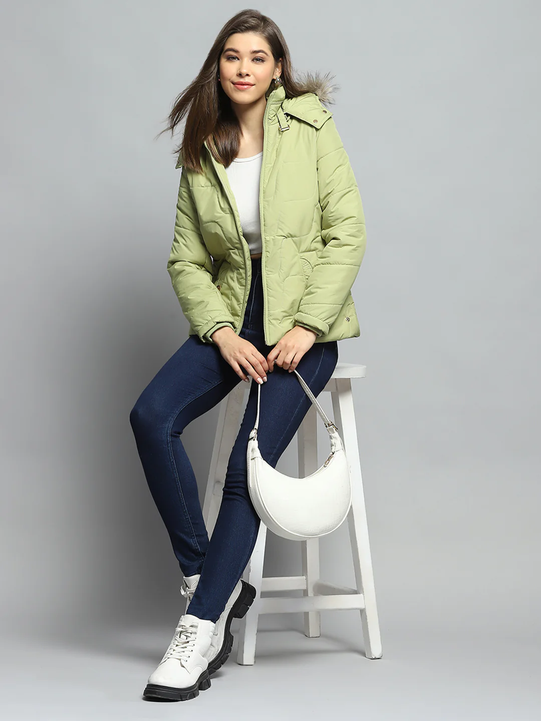 Women Green Self Design Detachable Hood Full Sleeve Jacket - Image 2