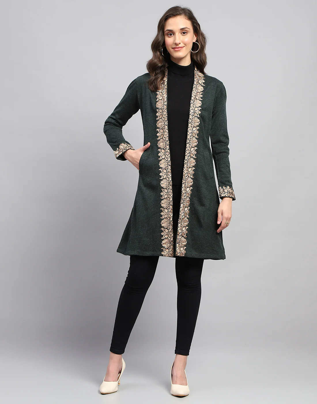Women Green Self Design Front Open Full Sleeve Cardigan - Image 2