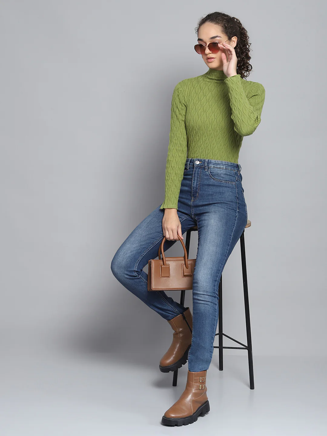 Women Green Self Design High Neck Full Sleeve Sceavy - Image 2
