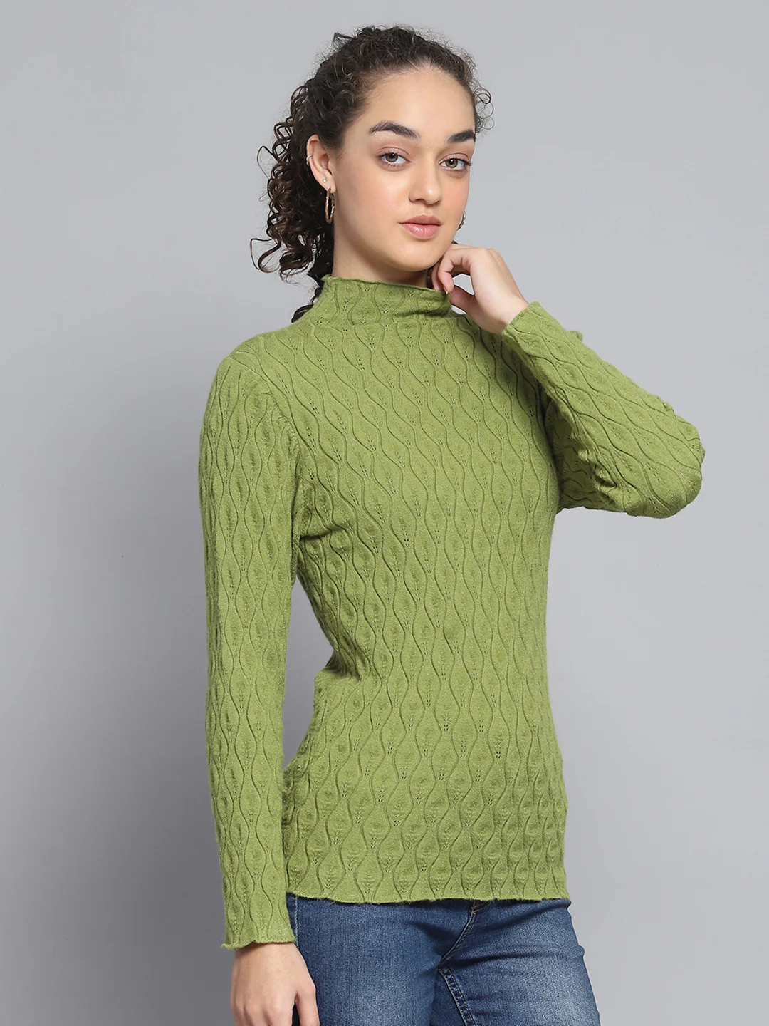 Women Green Self Design High Neck Full Sleeve Sceavy - Image 4