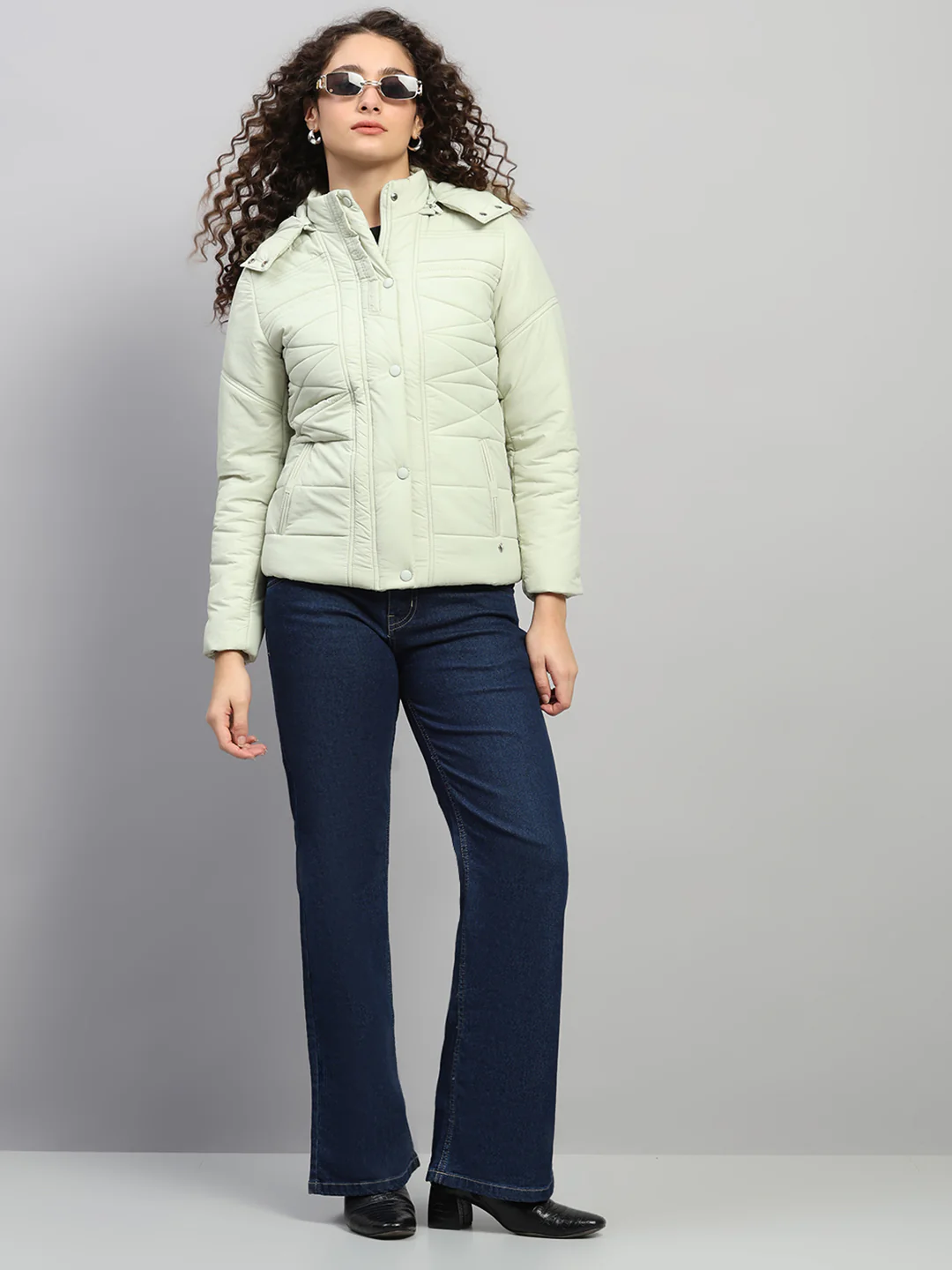 Women Green Self Design Hooded Full Sleeve Jacket - Image 2