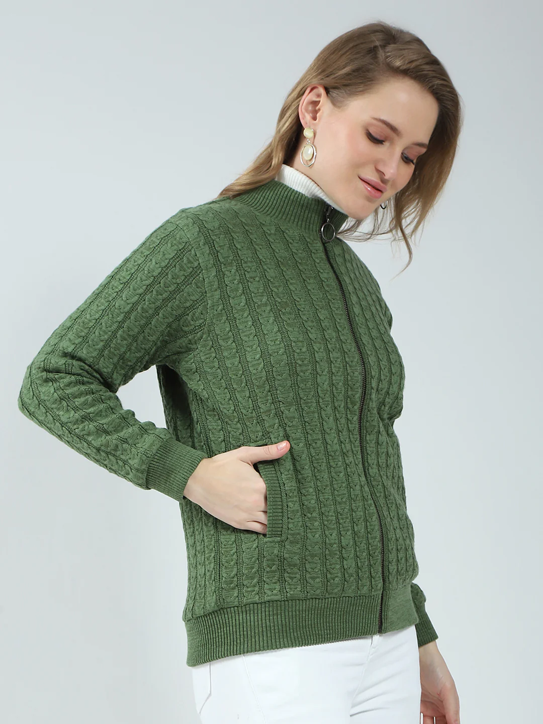Women Green Self Design Mock Neck Full Sleeve Jacket - Image 4