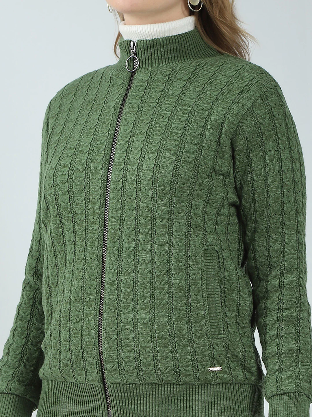 Women Green Self Design Mock Neck Full Sleeve Jacket - Image 6