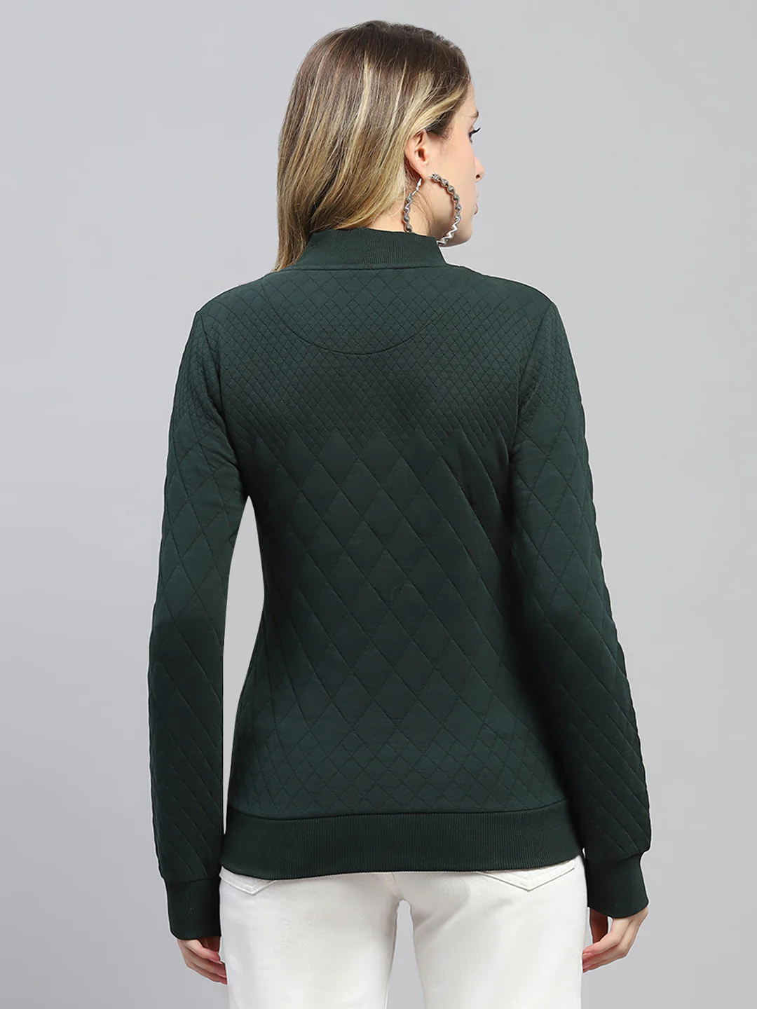 Women Green Self Design Mock Neck Full Sleeve Sweatshirt - Image 5