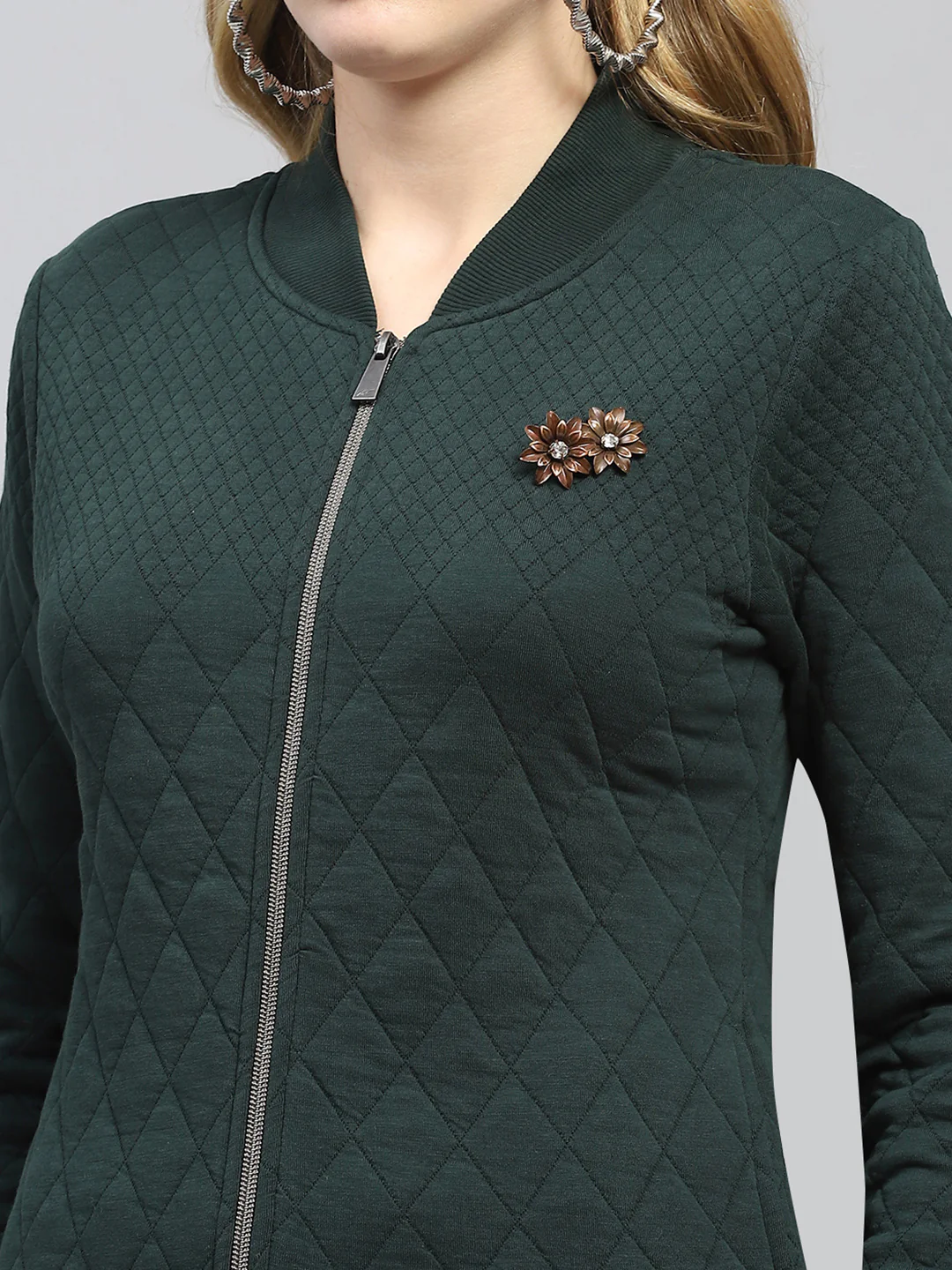 Women Green Self Design Mock Neck Full Sleeve Sweatshirt - Image 6